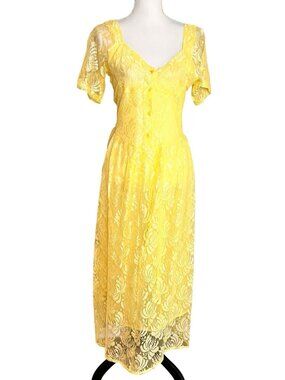 Vintage 90s Yellow Lace Midi Dress NWT Sheer Floral Button Front Cottagecore M